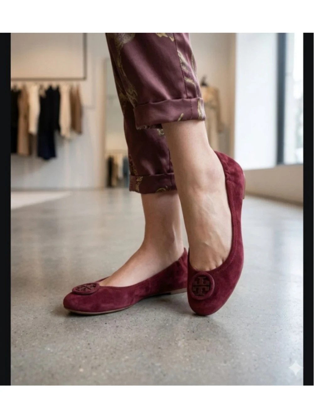 Tory Burch Allie Ballerina Flats Burgundy Logo Minnie Reva Suede Ballet Shoe 8.5